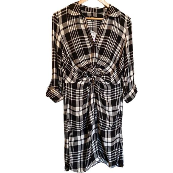 INC International Concepts Plaid Twist-front Button Down Shirt Dress Size Medium - Picture 3 of 8